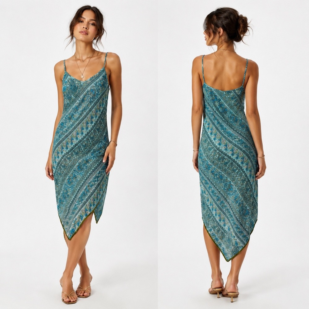 Gap Vintage Y2K Silk Paisley Handkerchief Midi Dress Blue Green Velvet Trim 2